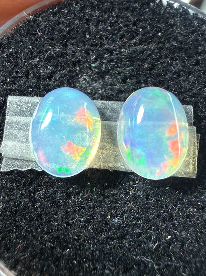 Matched Pair Natural Welo Opal Cabochon 9x7x4mm, 2.32ct total- Broadflash, reds!