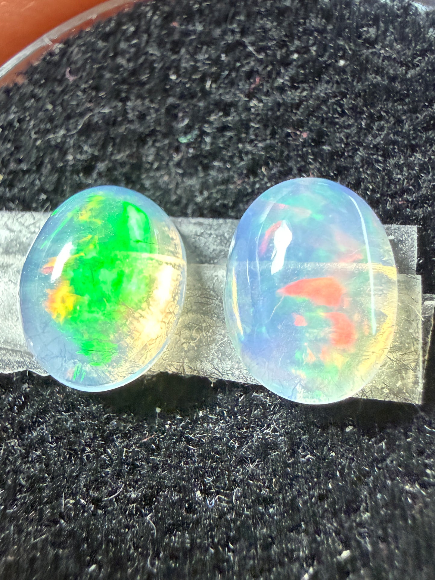 Matched Pair Natural Welo Opal Cabochon 9x7x4mm, 2.32ct total- Broadflash, reds!