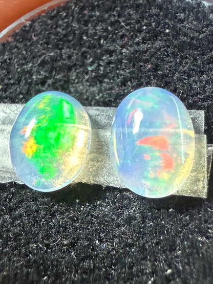 Matched Pair Natural Welo Opal Cabochon 9x7x4mm, 2.32ct total- Broadflash, reds!