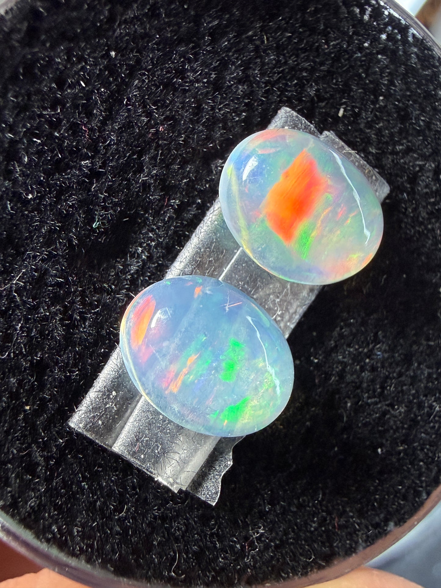 Matched Pair Natural Welo Opal Cabochon 9x7x4mm, 2.32ct total- Broadflash, reds!