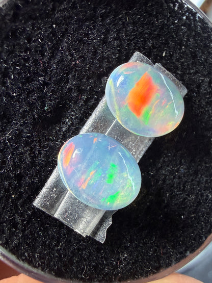 Matched Pair Natural Welo Opal Cabochon 9x7x4mm, 2.32ct total- Broadflash, reds!
