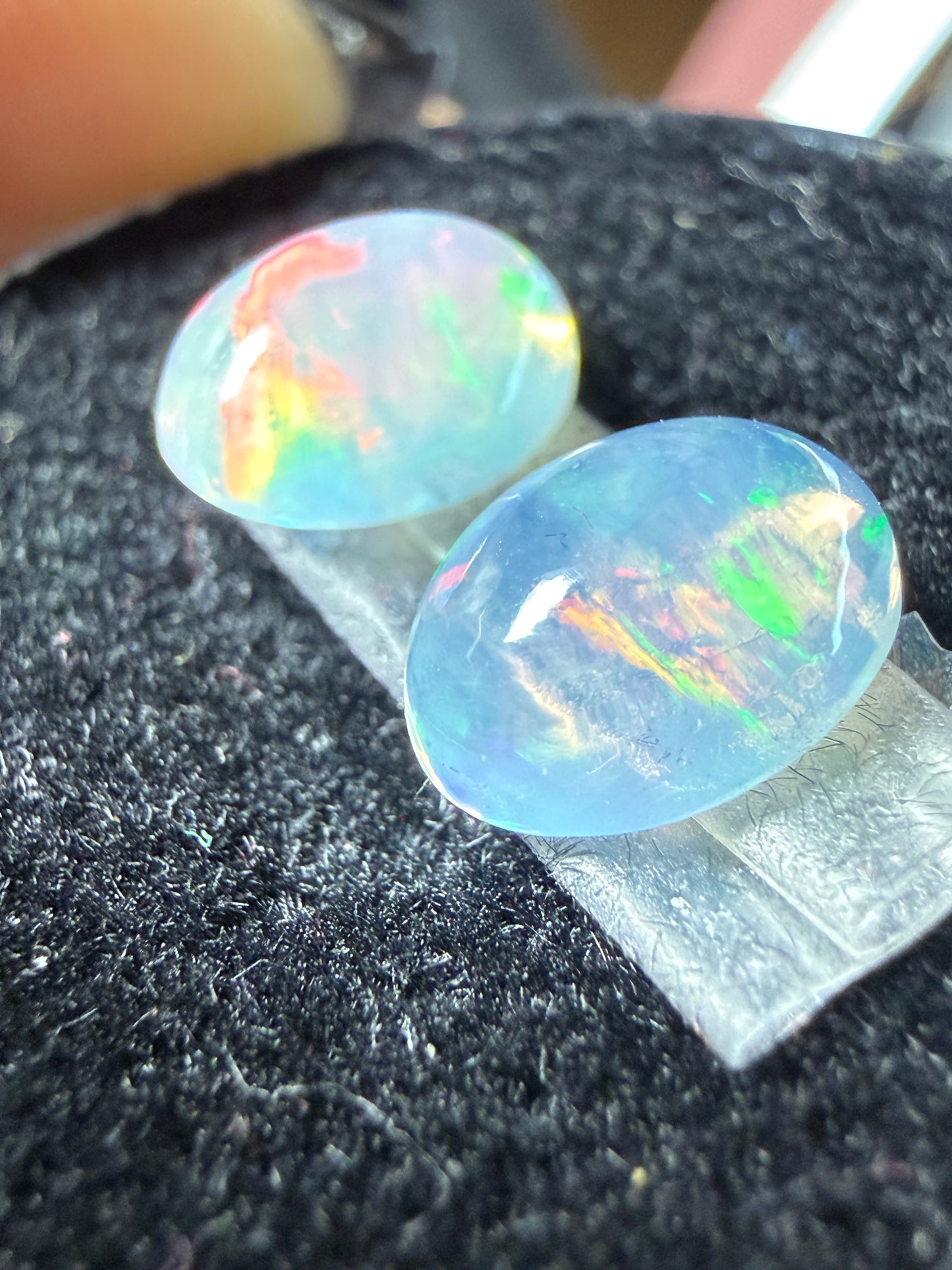 Matched Pair Natural Welo Opal Cabochon 9x7x4mm, 2.32ct total- Broadflash, reds!