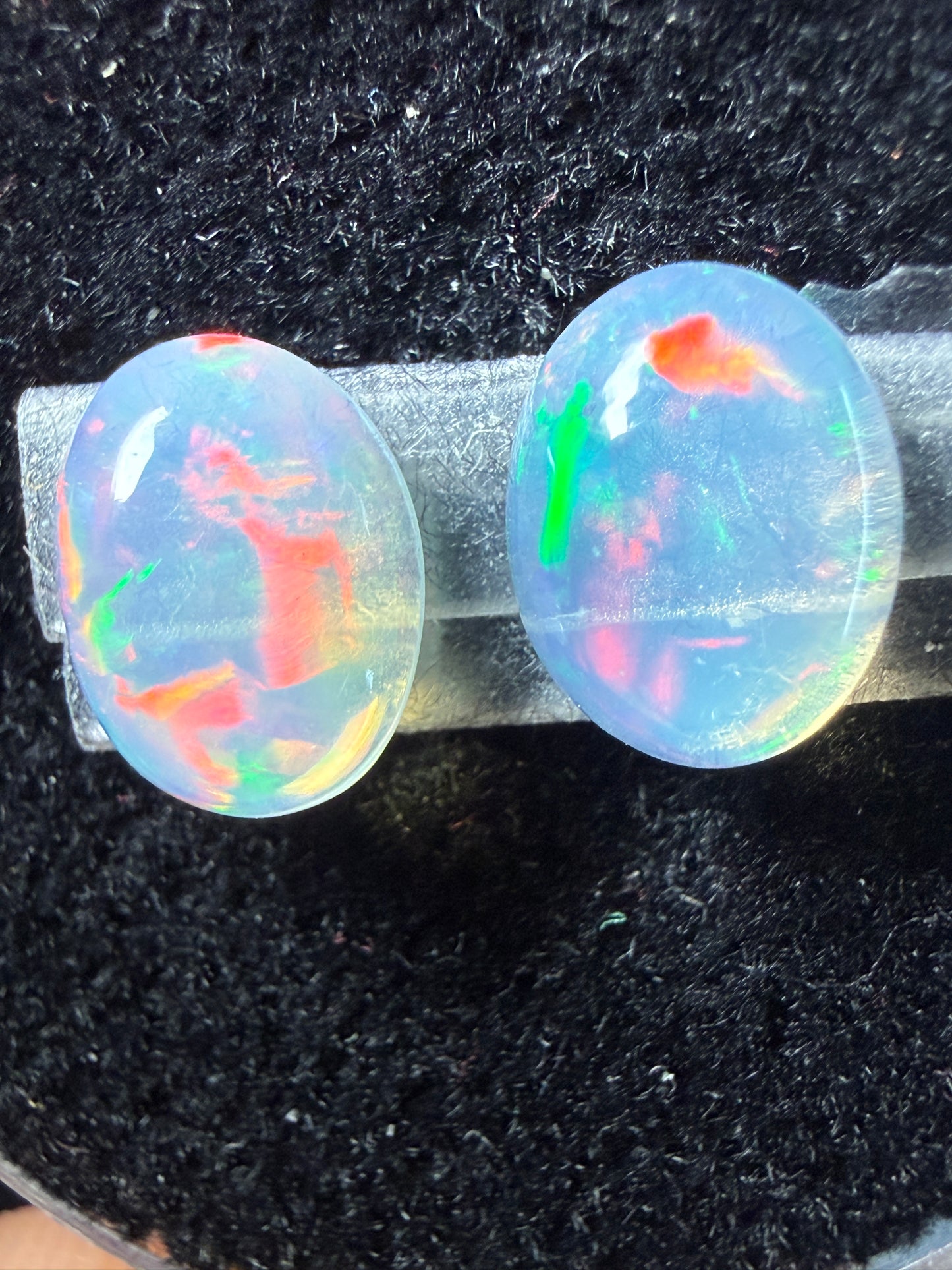 Matched Pair Natural Welo Opal Cabochon 9x7x4mm, 2.32ct total- Broadflash, reds!