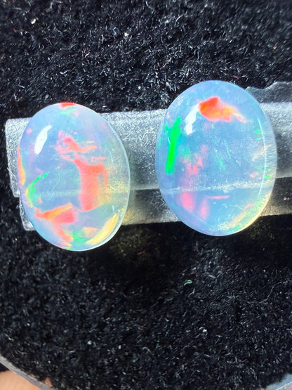 Matched Pair Natural Welo Opal Cabochon 9x7x4mm, 2.32ct total- Broadflash, reds!
