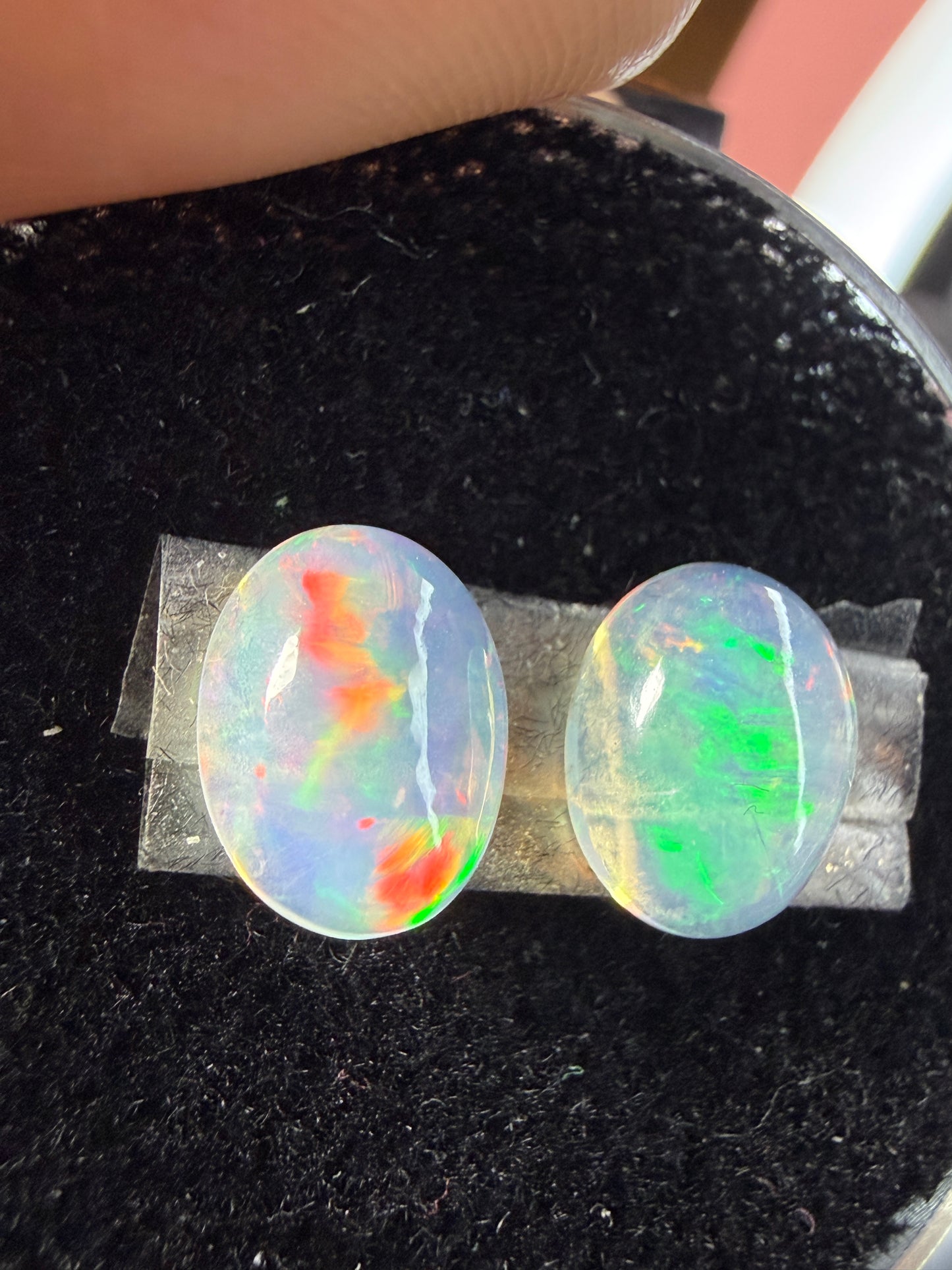 Matched Pair Natural Welo Opal Cabochon 9x7x4mm, 2.32ct total- Broadflash, reds!