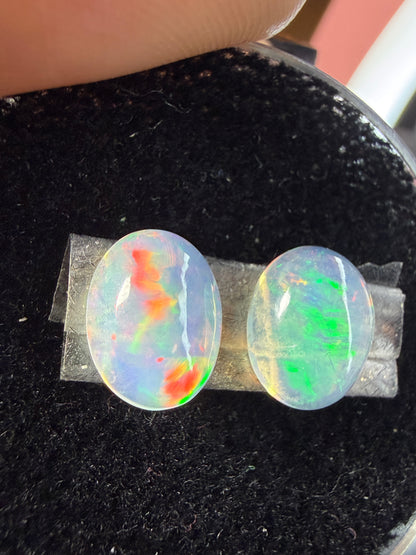 Matched Pair Natural Welo Opal Cabochon 9x7x4mm, 2.32ct total- Broadflash, reds!