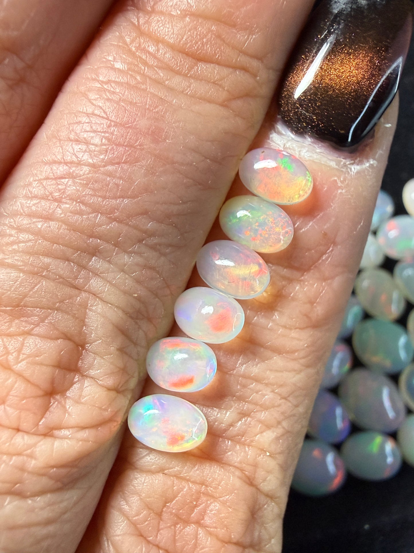 Matched Natural Welo Opal Cabochon Set (6)- 6x4x3mm, 2.05ct total- Broadflash, reds