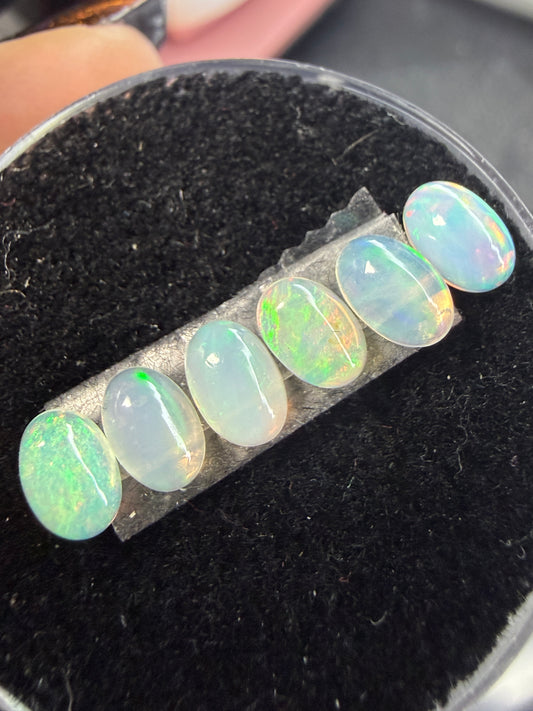 Matched Natural Welo Opal Cabochon Set (6)- 6x4x3mm, 1.945ct total- Broadflash, pinfire