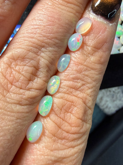 Matched Natural Welo Opal Cabochon Set (6)- 6x4x3mm, 1.945ct total- Broadflash, pinfire