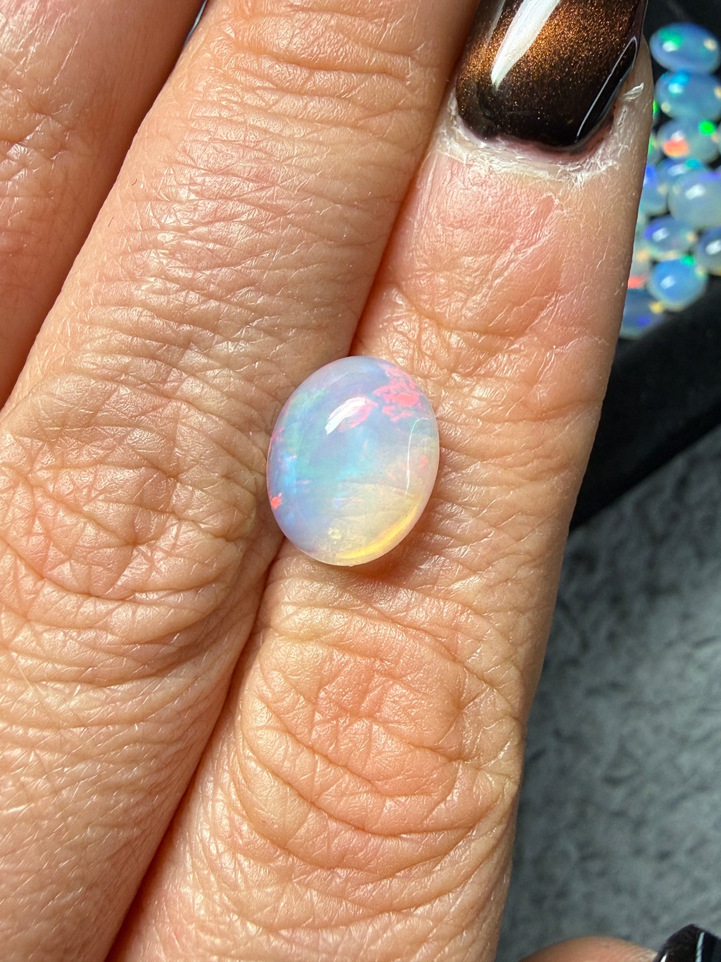 Natural Welo Opal Cabochon 11x9x5mm, 2.195ct- Broadflash, straw, reds!