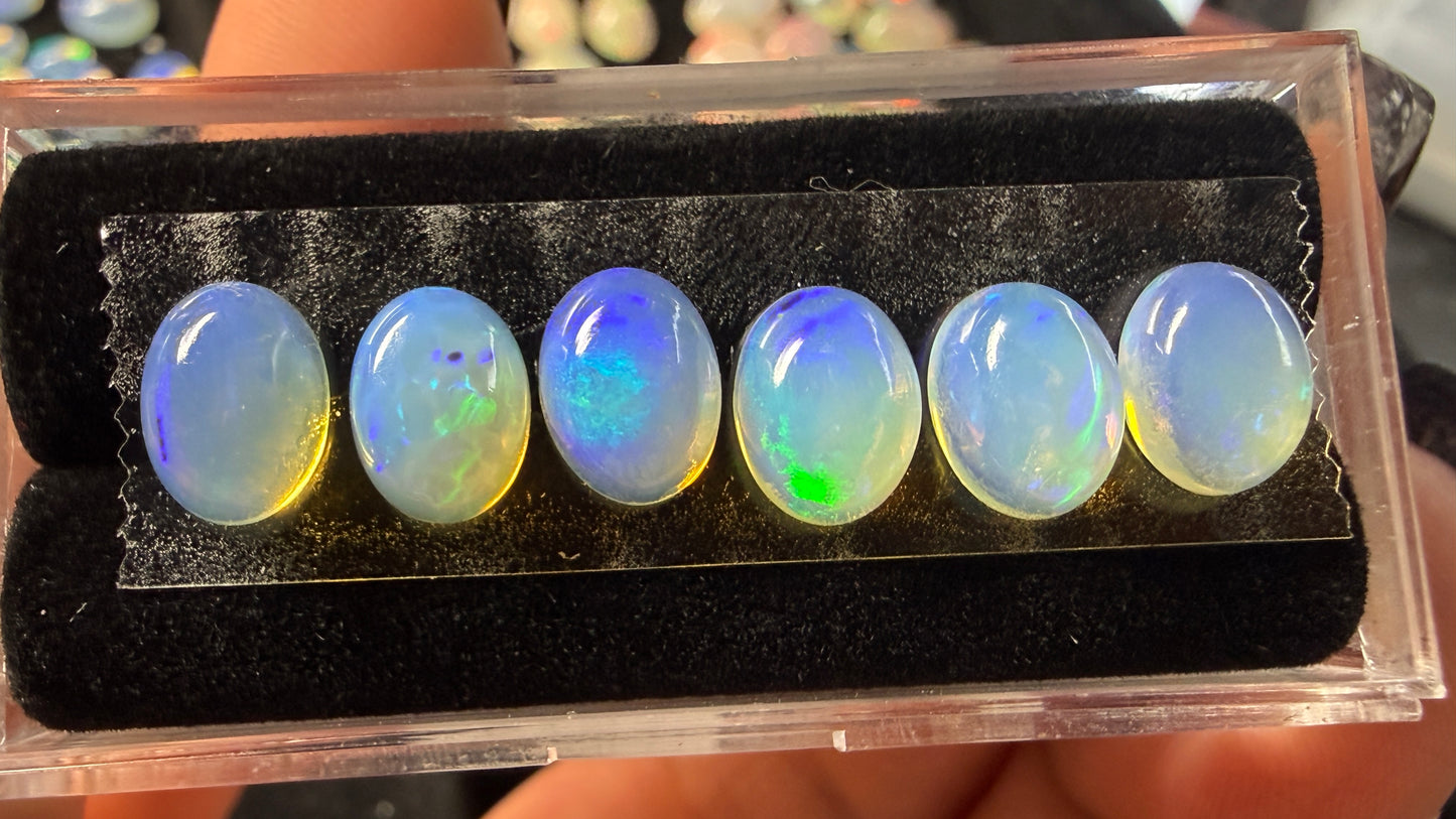 Matched Natural Welo Opal Cabochon Set (6)- 6x4x3mm, 5.79ct total- Broadflash, blues & greens