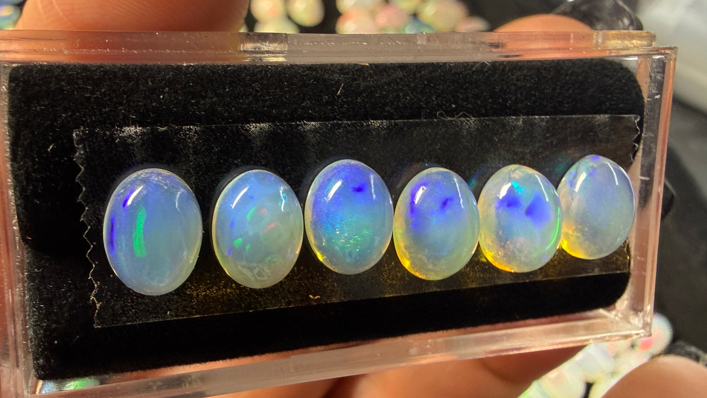 Matched Natural Welo Opal Cabochon Set (6)- 6x4x3mm, 5.79ct total- Broadflash, blues & greens