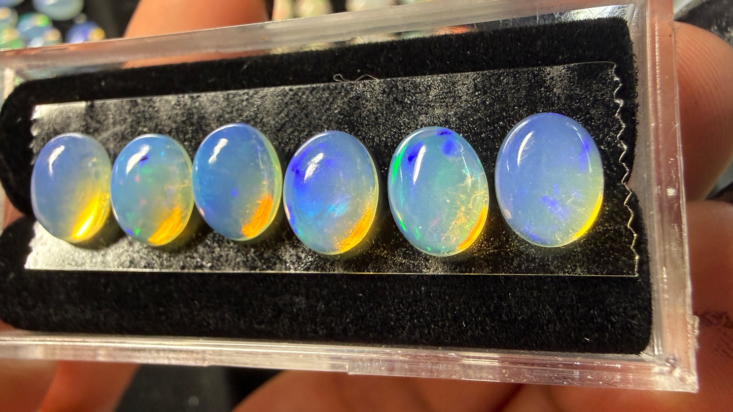 Matched Natural Welo Opal Cabochon Set (6)- 6x4x3mm, 5.79ct total- Broadflash, blues & greens
