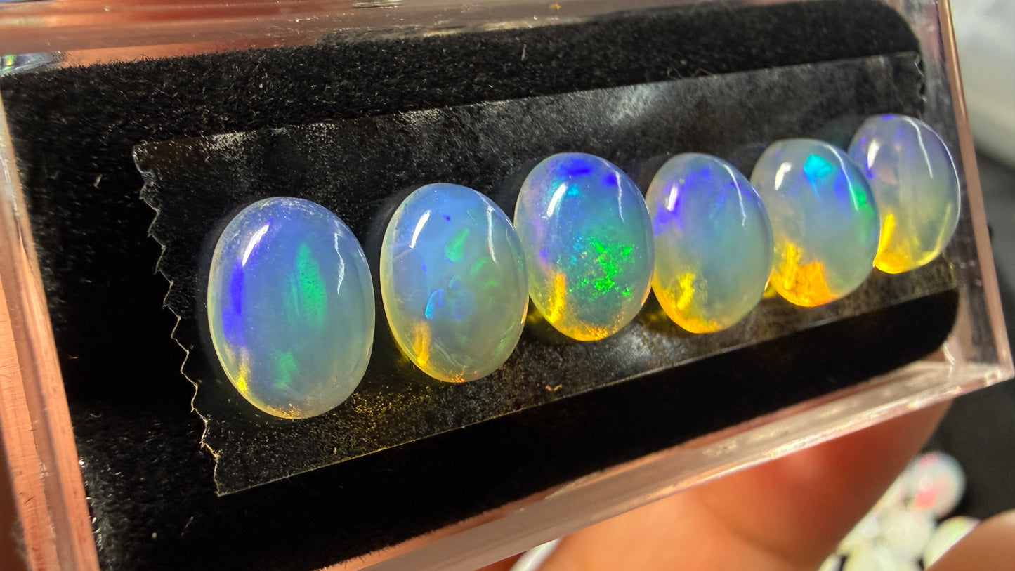 Matched Natural Welo Opal Cabochon Set (6)- 6x4x3mm, 5.79ct total- Broadflash, blues & greens