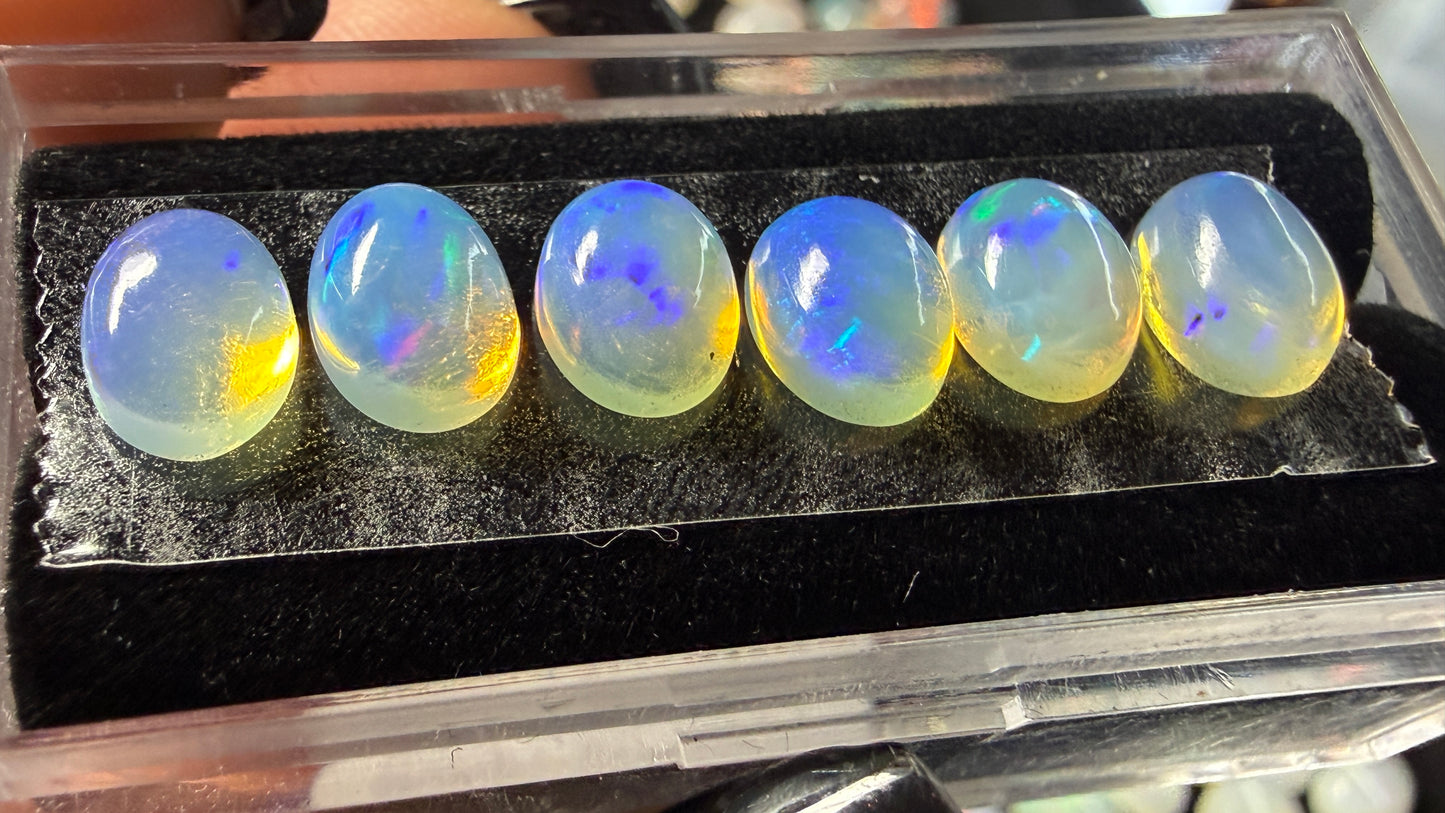 Matched Natural Welo Opal Cabochon Set (6)- 6x4x3mm, 5.79ct total- Broadflash, blues & greens
