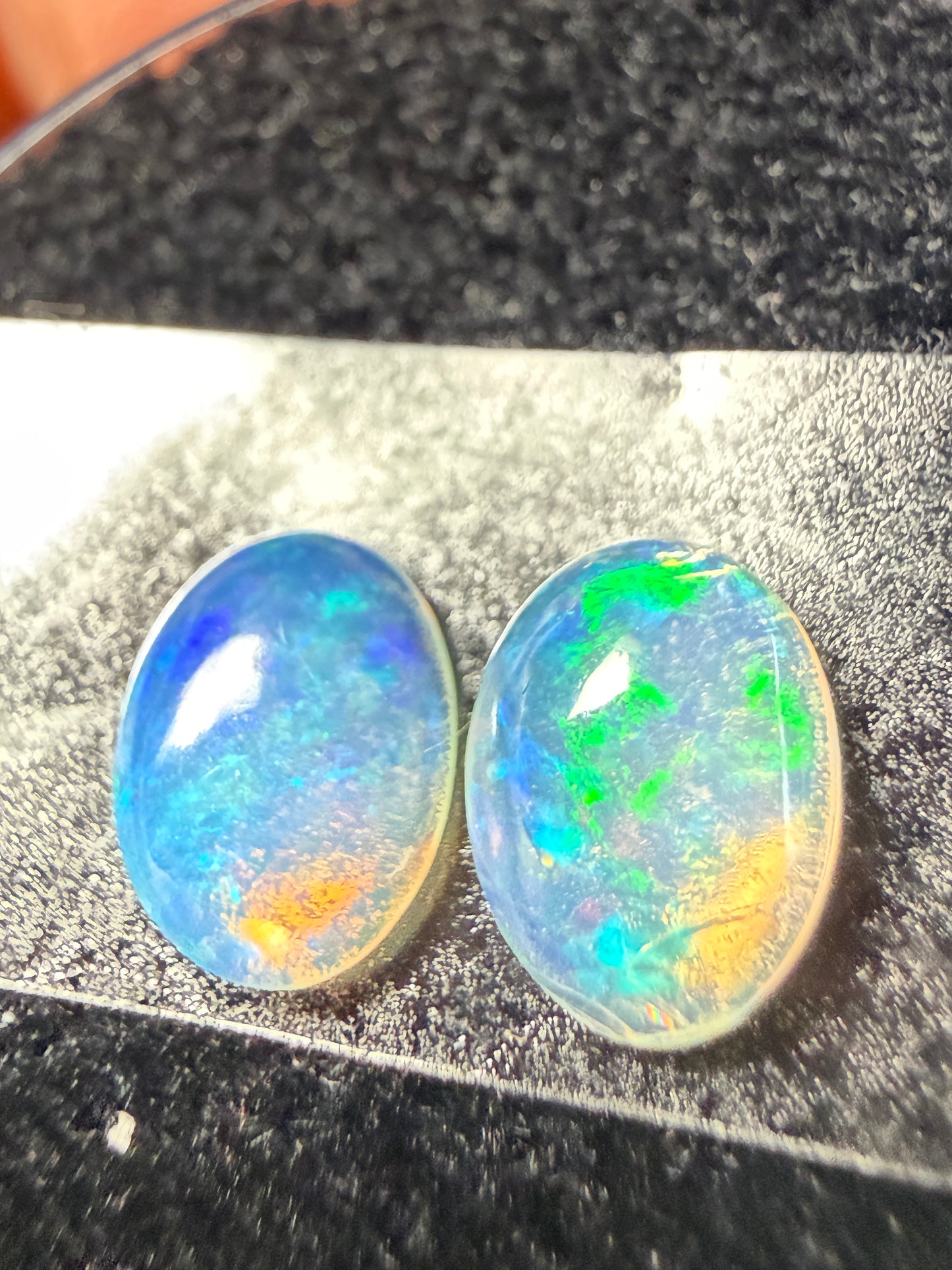 Matched Pair Natural Welo Opal Cabochon 8x6x3mm, 1.37ct total- Broadflash, painterly