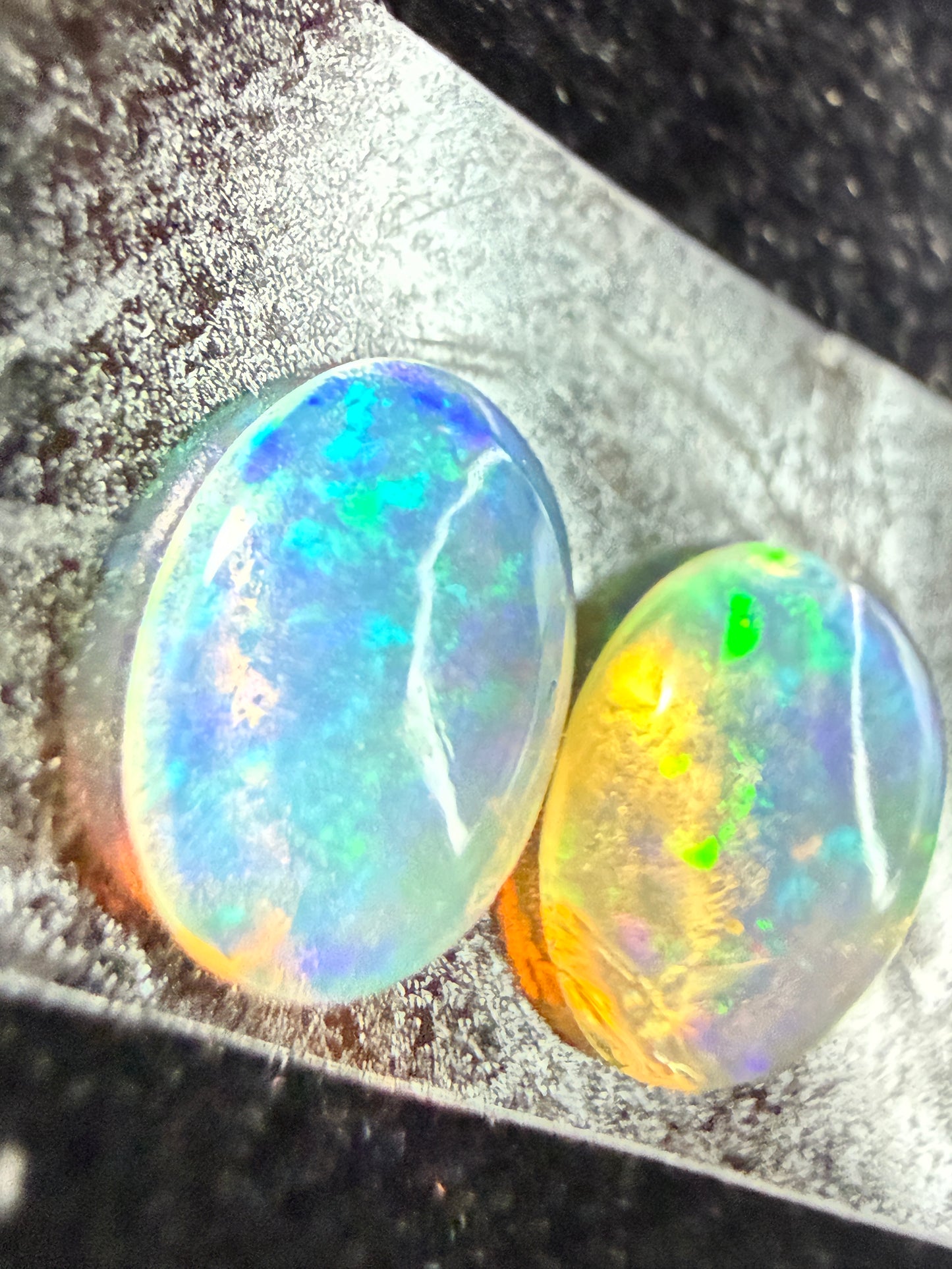 Matched Pair Natural Welo Opal Cabochon 8x6x3mm, 1.37ct total- Broadflash, painterly