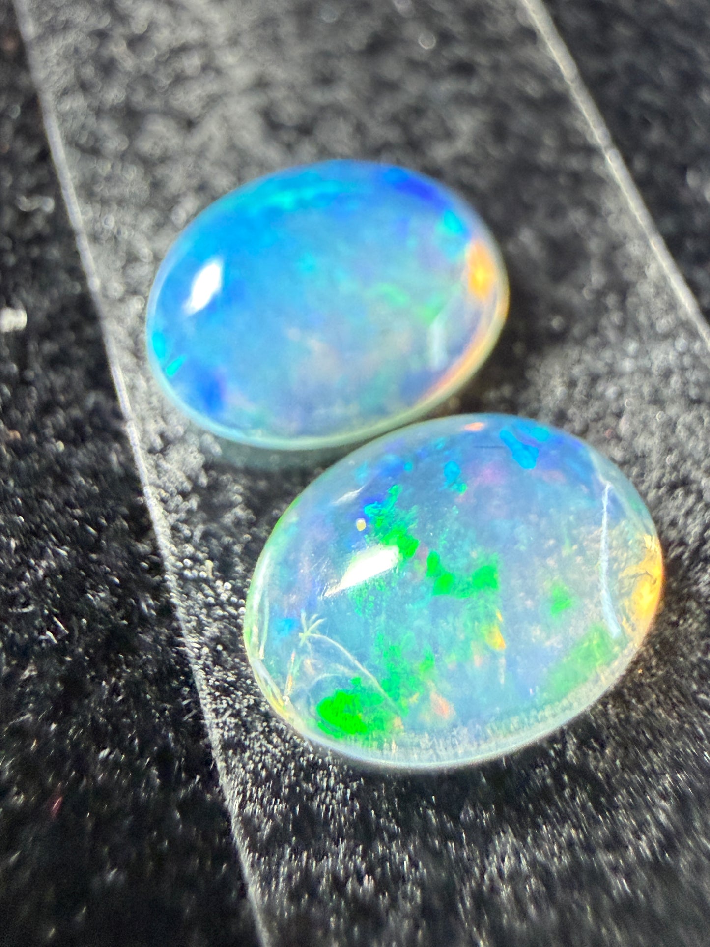 Matched Pair Natural Welo Opal Cabochon 8x6x3mm, 1.37ct total- Broadflash, painterly