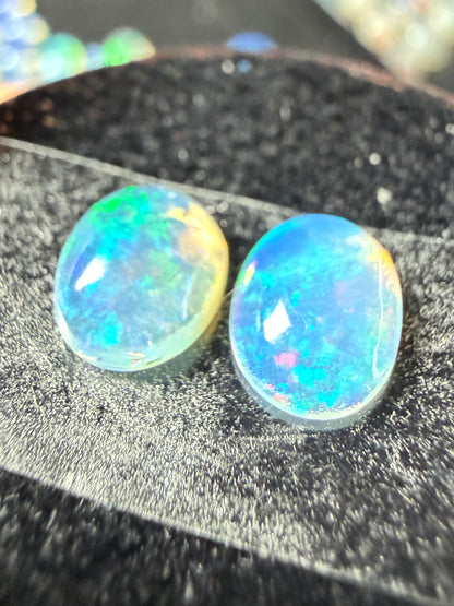 Matched Pair Natural Welo Opal Cabochon 8x6x3mm, 1.37ct total- Broadflash, painterly