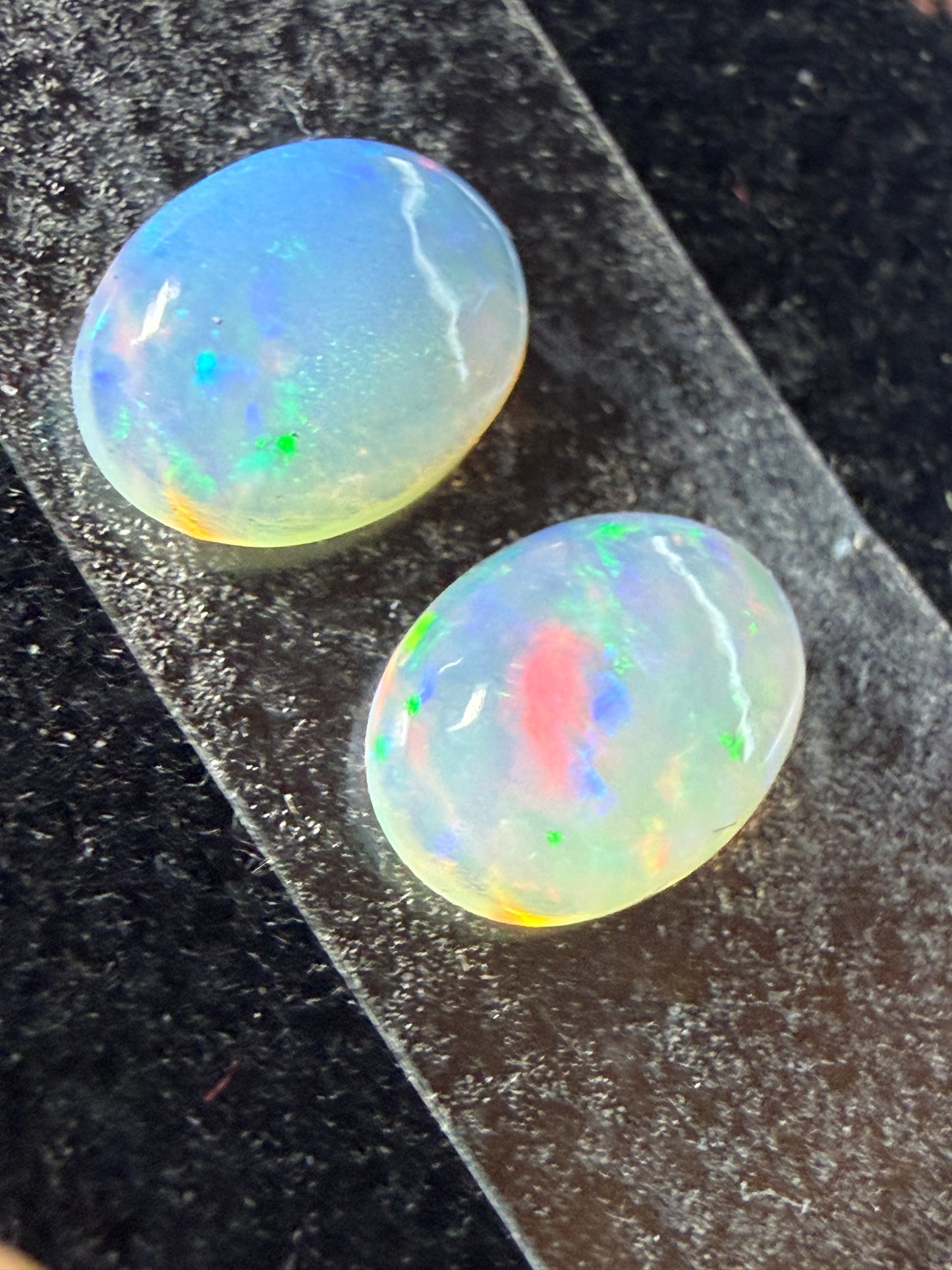 Matched Pair Natural Welo Opal Cabochon 8x6x3.5mm, 1.64ct total- Broadflash, pinfire