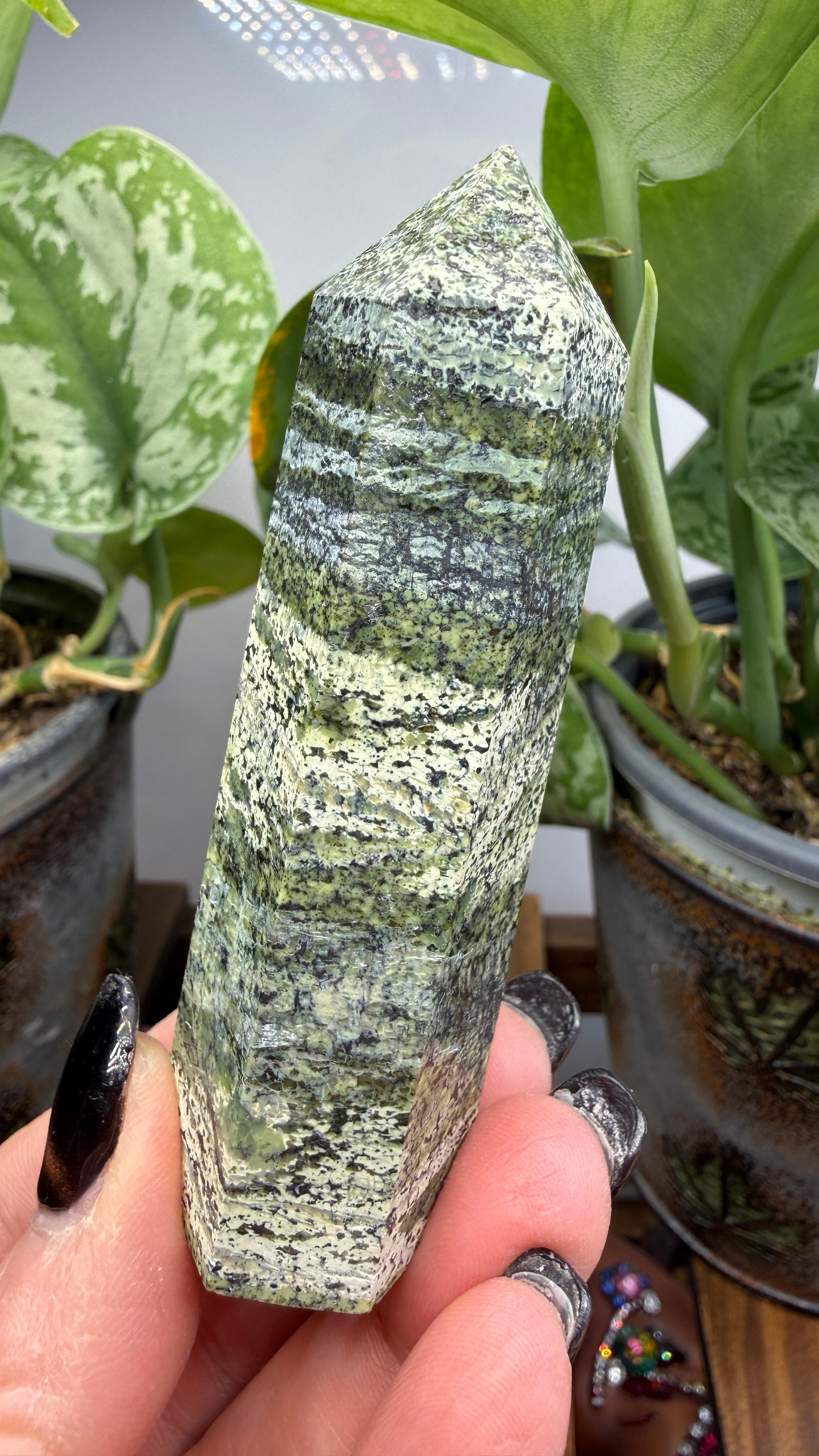 Green Zebra Jasper (Serpentine) Tower- slight lean