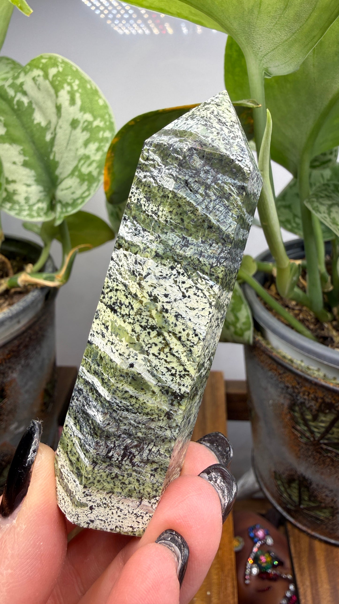 Green Zebra Jasper (Serpentine) Tower- slight lean