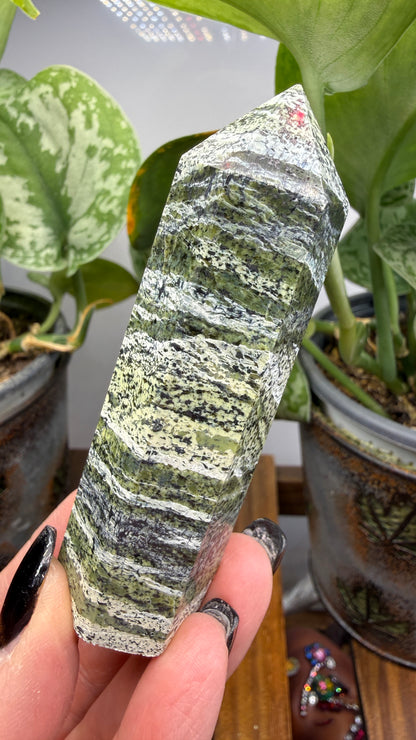 Green Zebra Jasper (Serpentine) Tower- slight lean