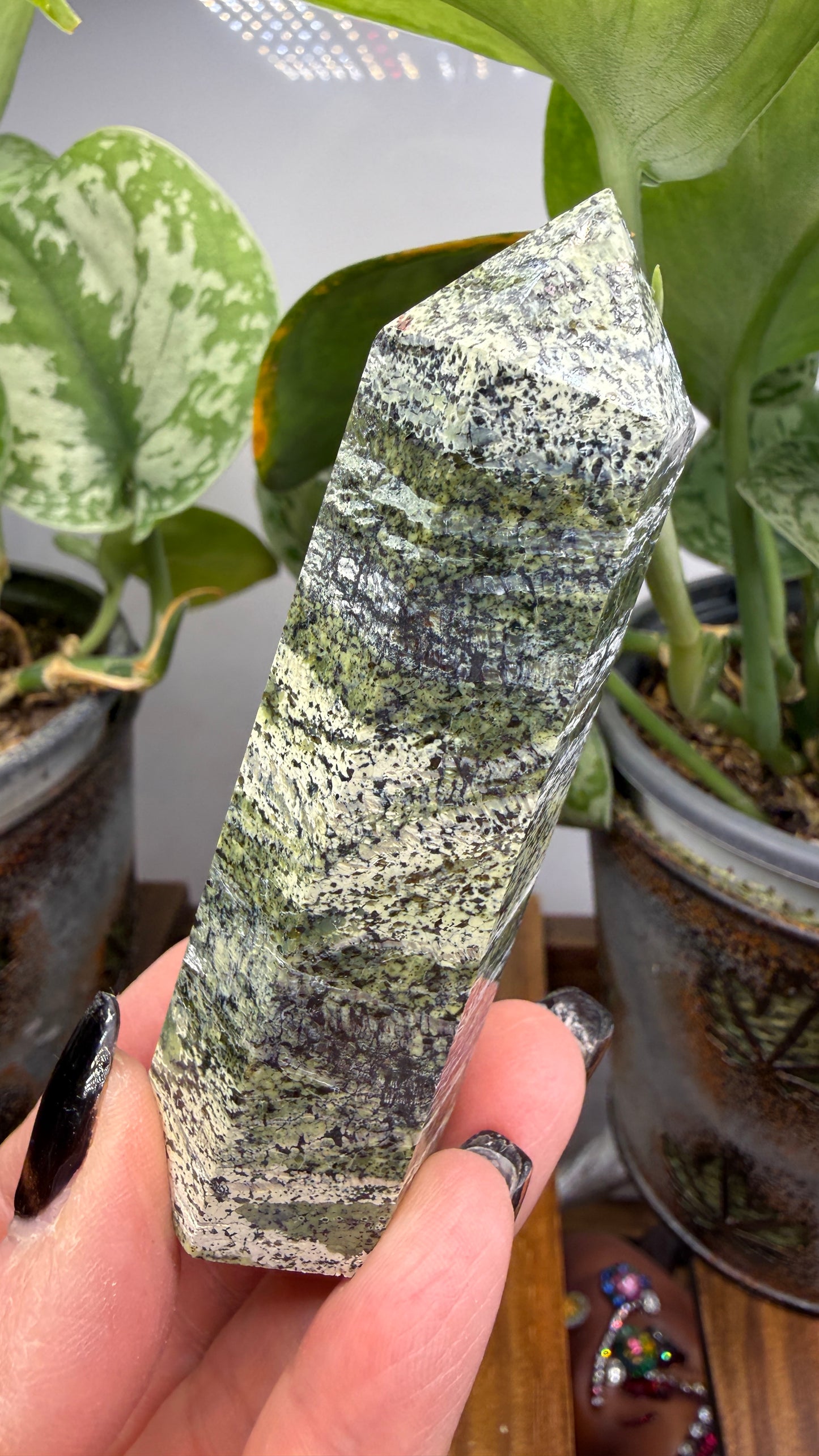 Green Zebra Jasper (Serpentine) Tower- slight lean