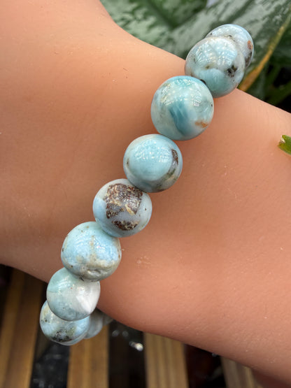 Larimar Round Beaded Bracelet- 8mm- 7 inches