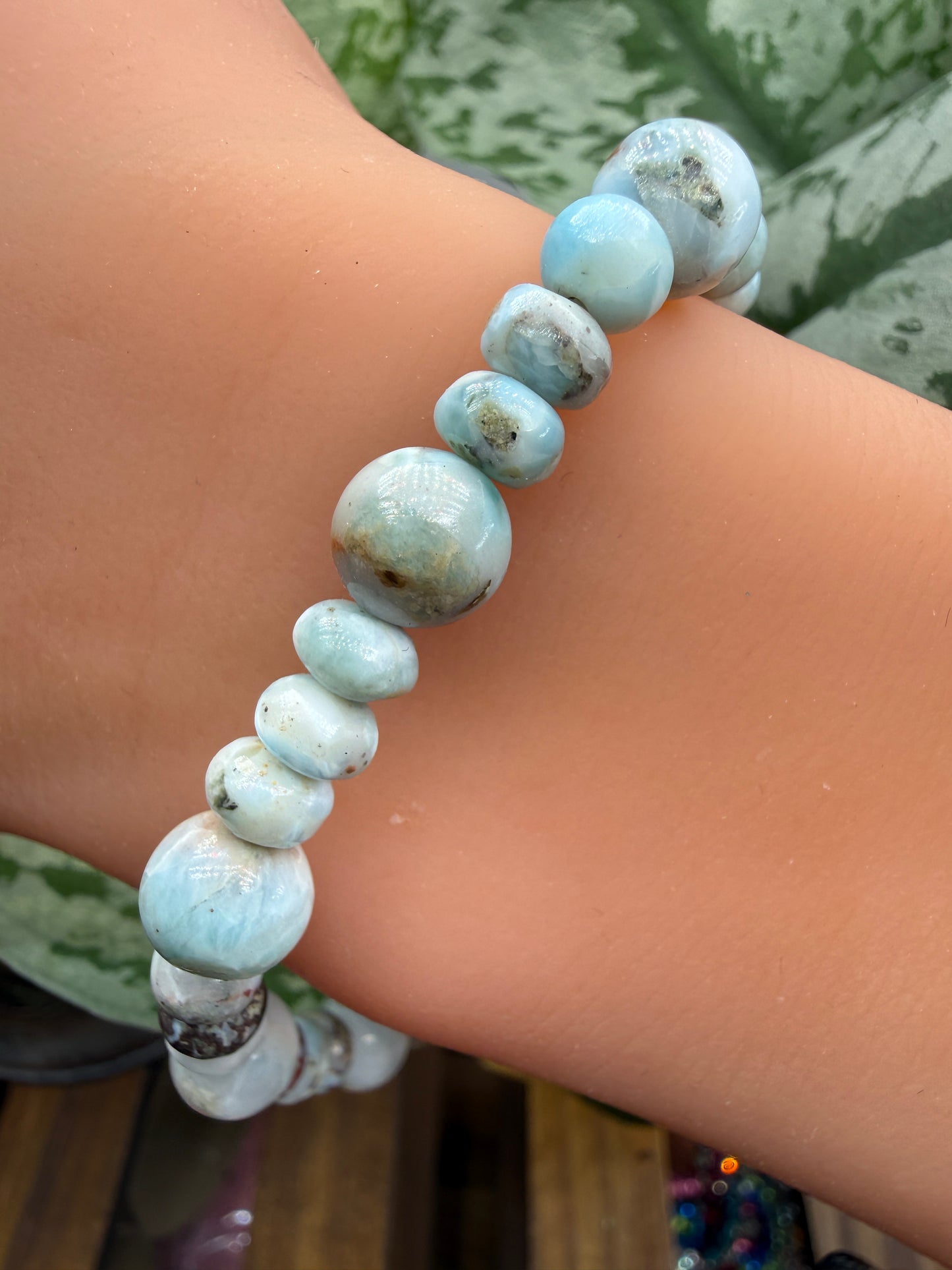 Larimar Round & Rondelle Beaded Bracelet- 6 to 8mm- 7 inches