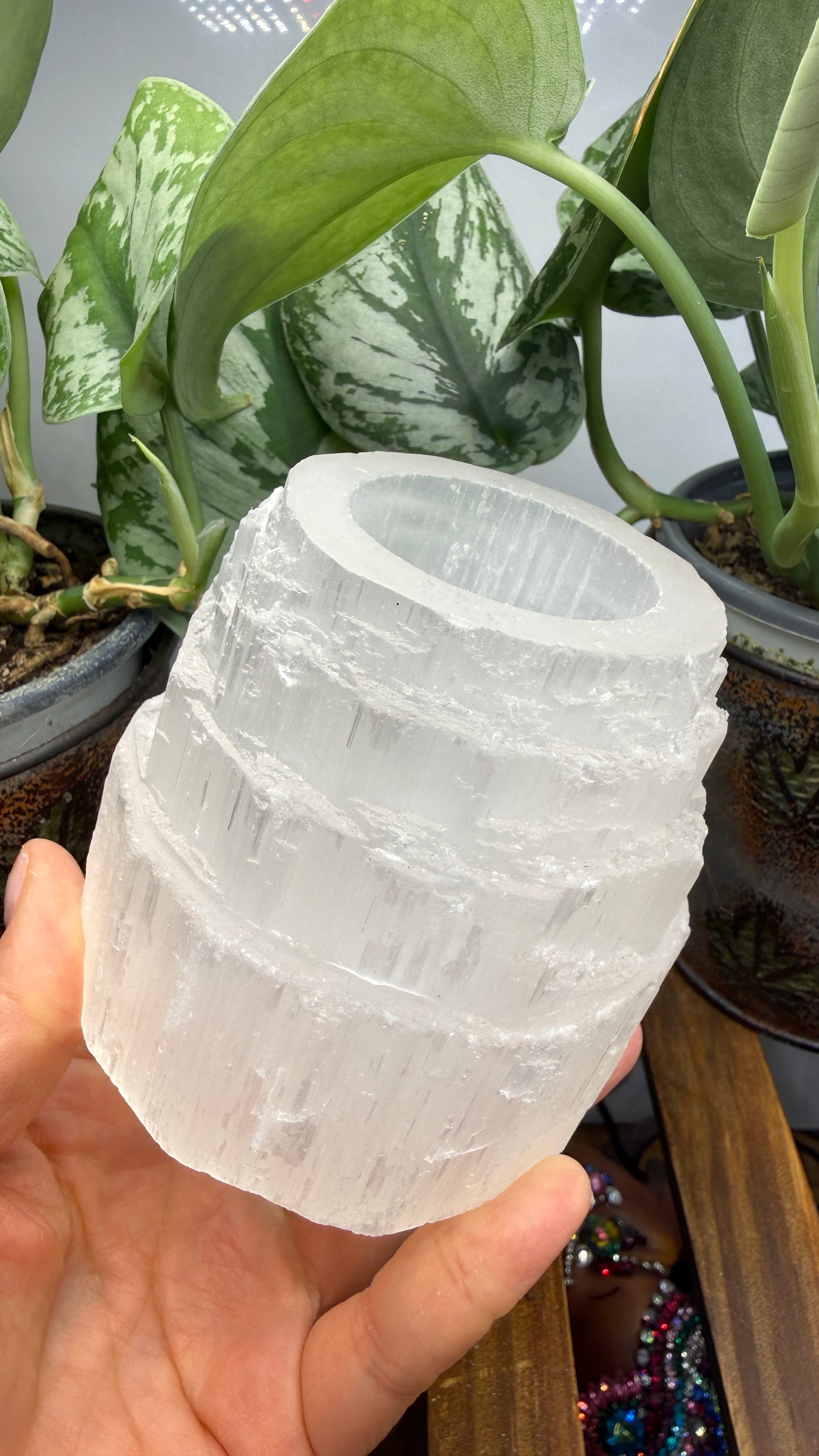 Satin Spar Selenite Candle Holder- 3.25" inches tall