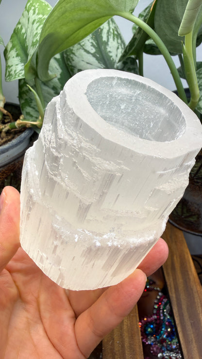 Satin Spar Selenite Candle Holder- 3" inches tall