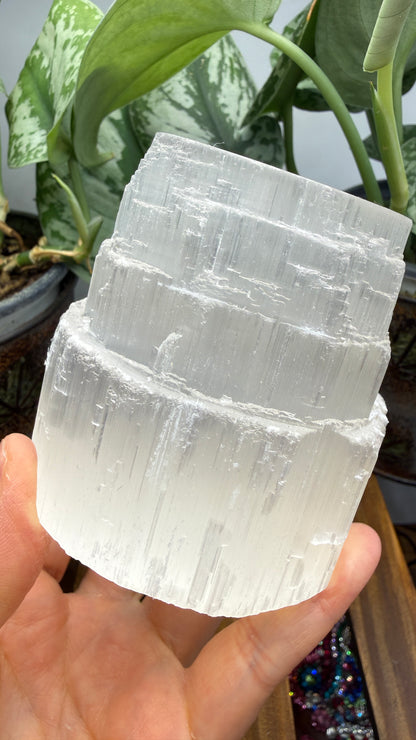 Satin Spar Selenite Candle Holder- 3" inches tall
