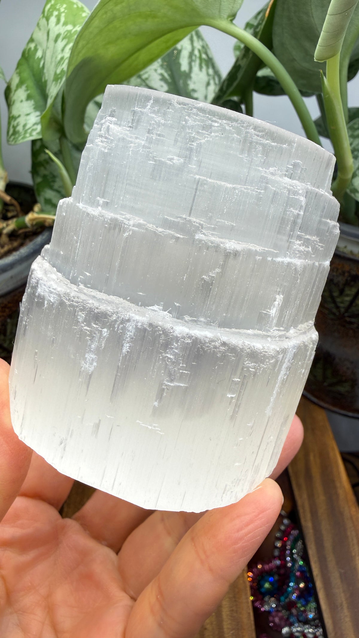 Satin Spar Selenite Candle Holder- 3" inches tall