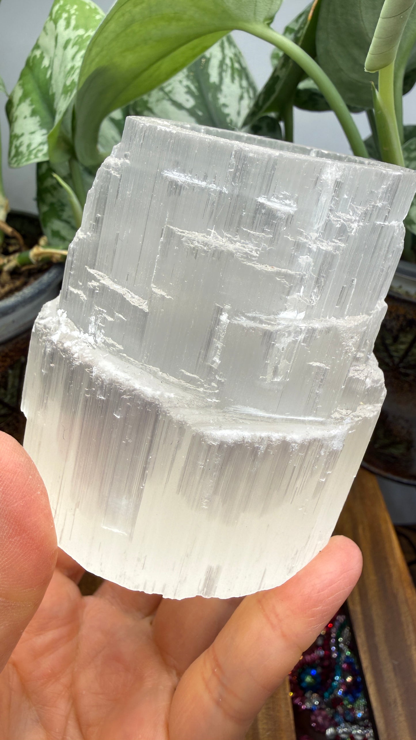 Satin Spar Selenite Candle Holder- 3" inches tall
