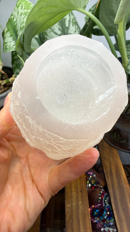 Satin Spar Selenite Candle Holder- 3" inches tall