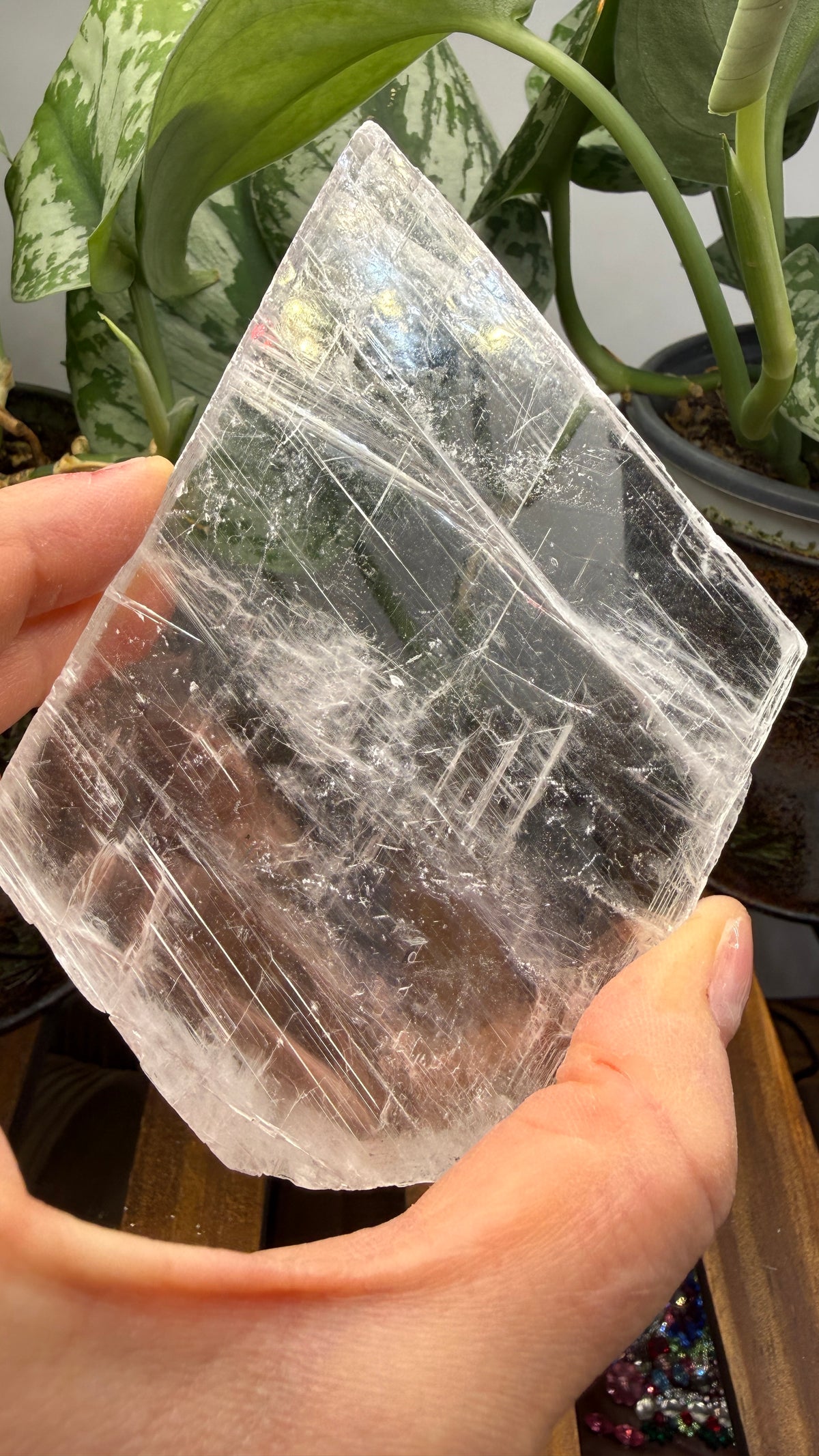 Natural Raw Selenite Plate- 3.8 inches wide- Super clear high quality slab