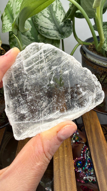 Natural Raw Selenite Plate- 3.0 inches wide- Super clear high quality slab