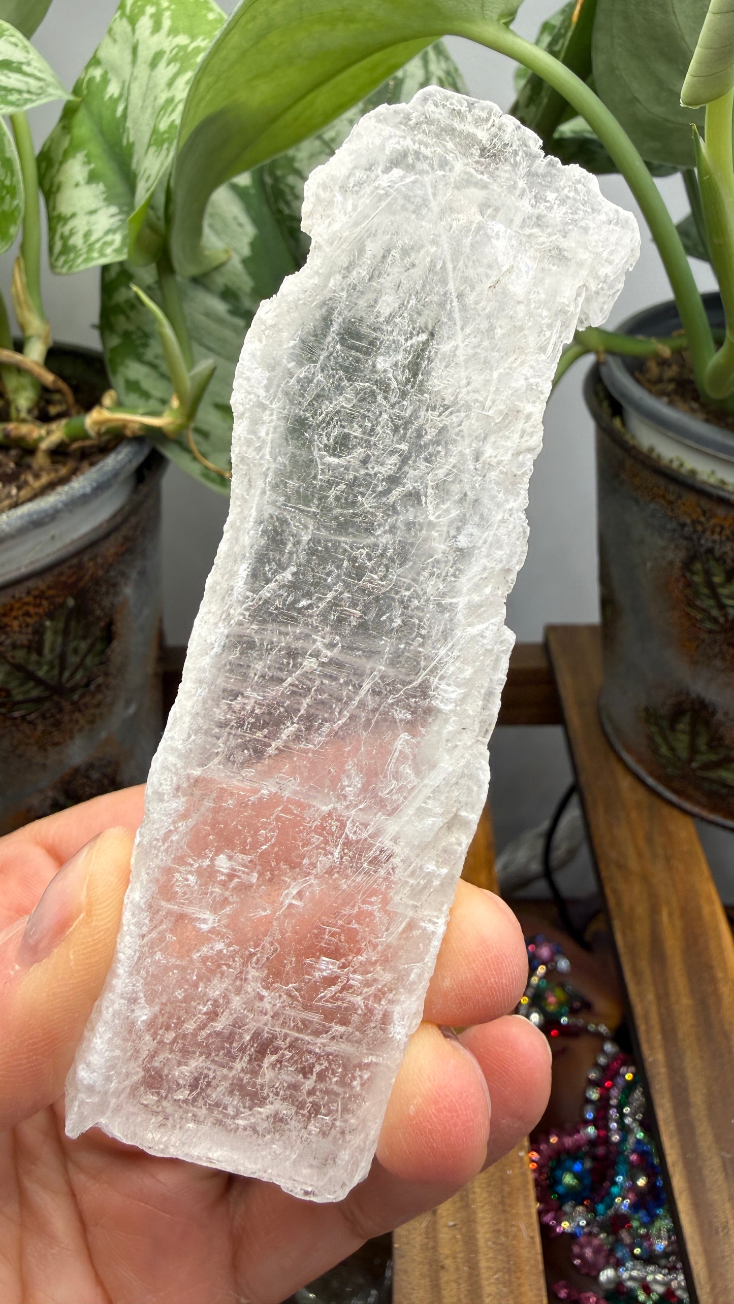 Natural Raw Selenite Plate- 4.3 inches wide- Super clear high quality slab