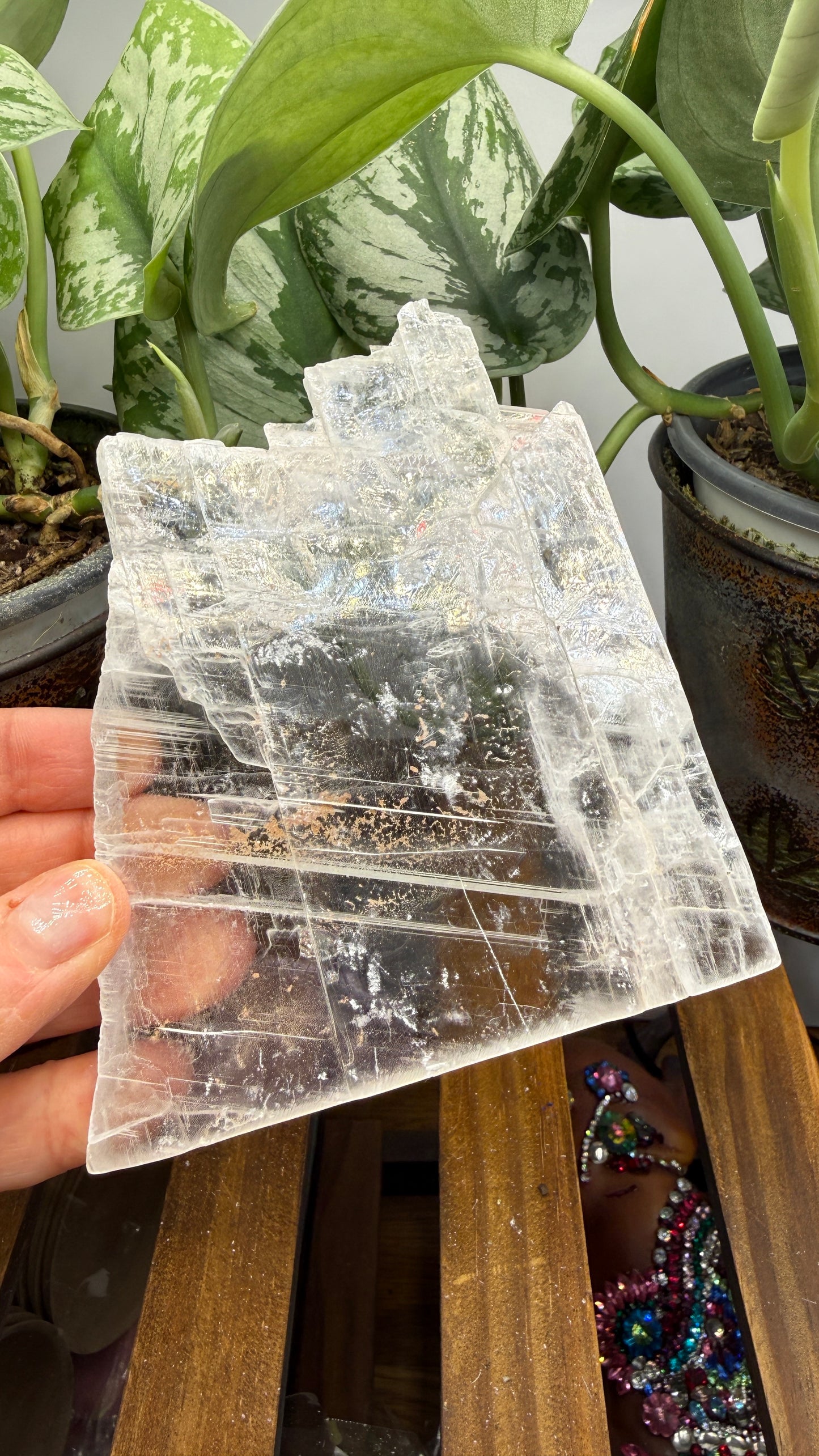 Natural Raw Selenite Plate- 4.5 inches wide- Super clear high quality slab