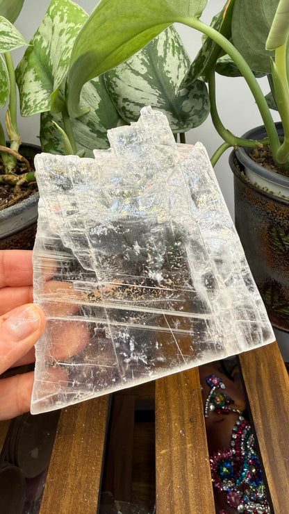 Natural Raw Selenite Plate- 4.5 inches wide- Super clear high quality slab