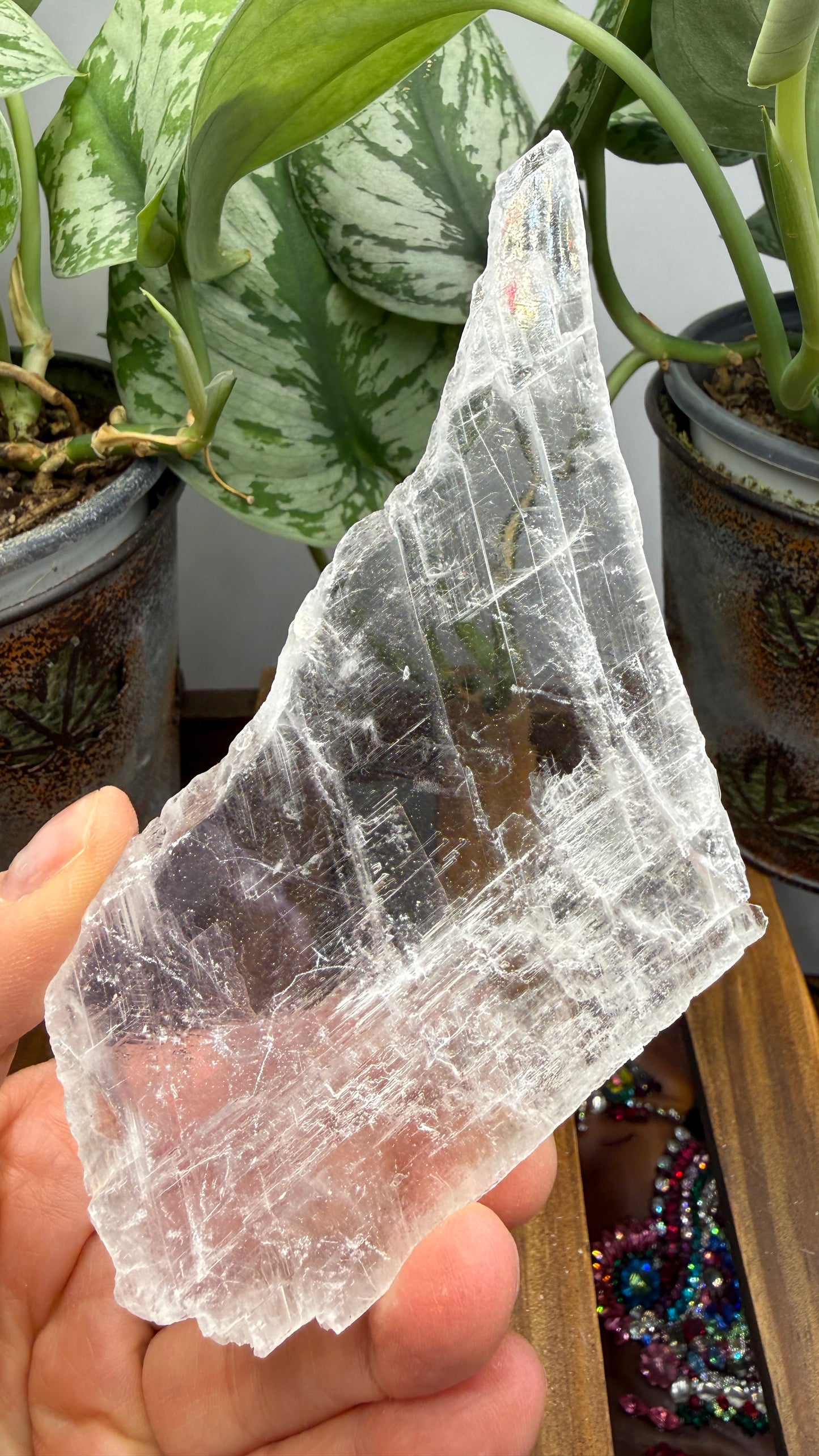 Natural Raw Selenite Plate- 4.0 inches wide- Super clear high quality slab