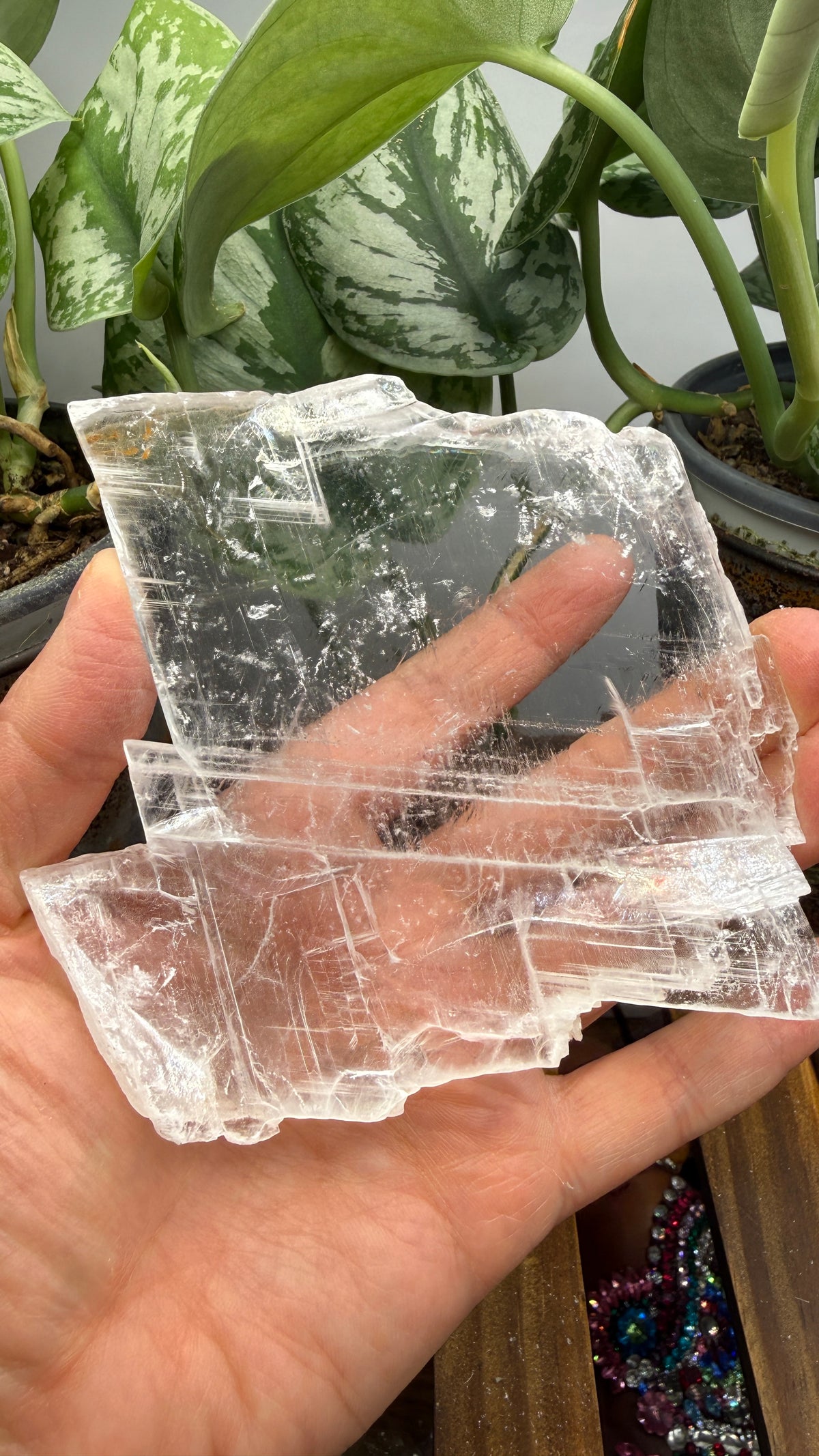 Natural Raw Selenite Plate- 4.1 inches wide- Super clear high quality slab