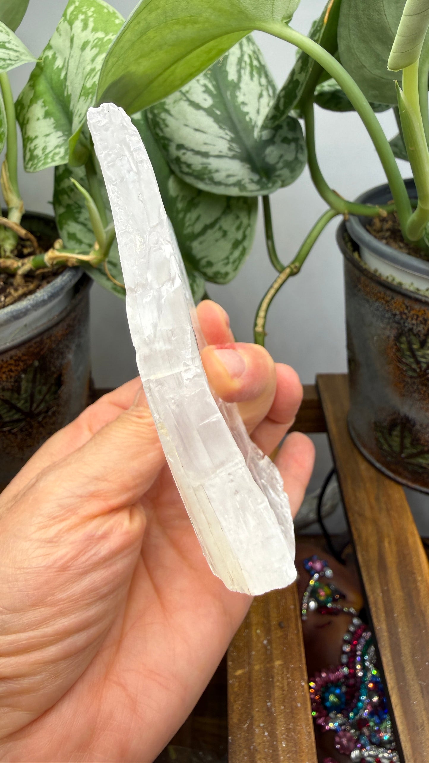 Natural Raw Selenite Plate- 4.1 inches wide- Super clear high quality slab