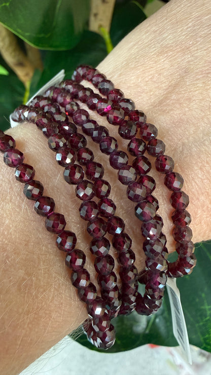 Garnet Stretch Bracelet- 4mm Round Faceted 7.5 inches