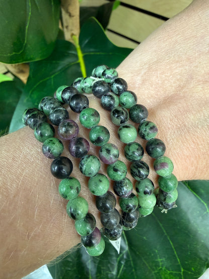 Ruby in Zoisite Stretch Bracelet- 6mm Round Smooth 7.5 inches