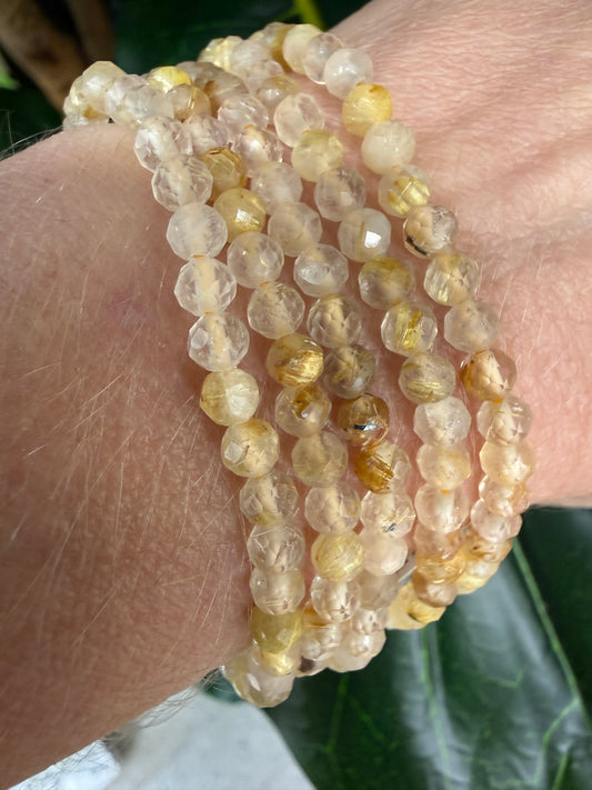 Golden Rutile Stretch Bracelet- 4mm Round Faceted 7.5 inches
