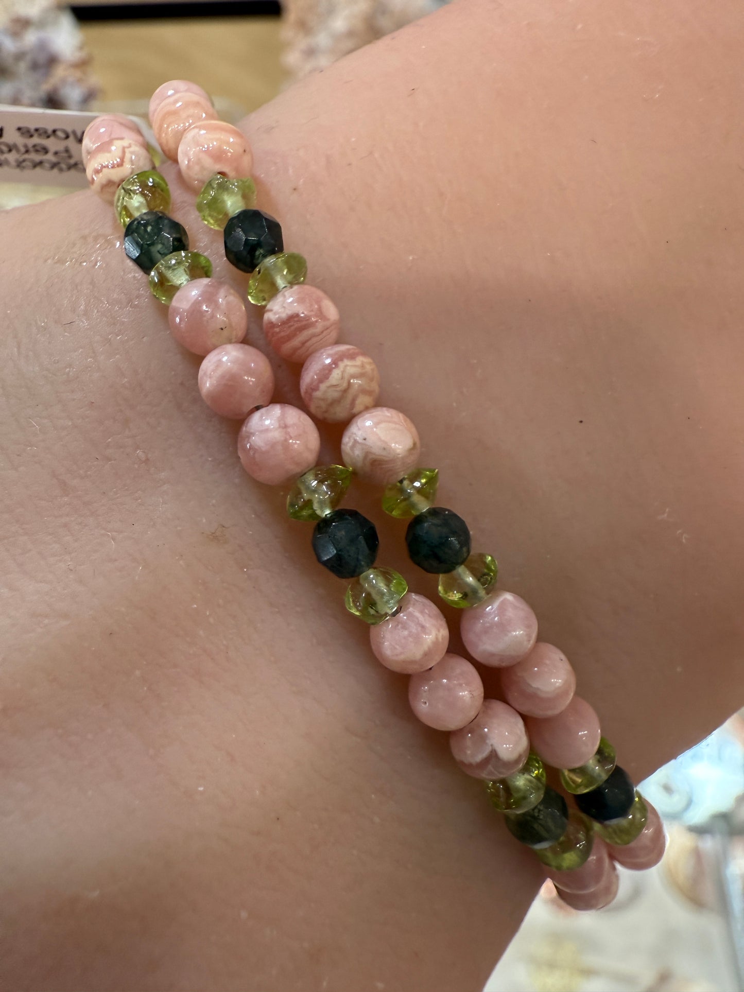 Rhodochrosite, Peridot, Moss Agate 925 SS Bracelet- 4mm