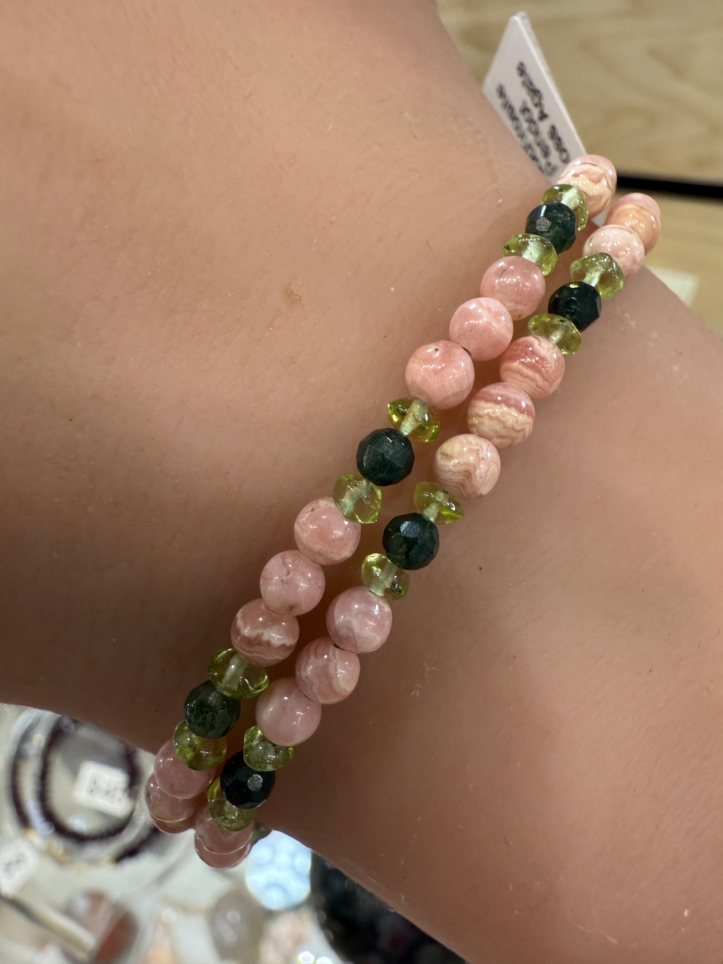 Rhodochrosite, Peridot, Moss Agate 925 SS Bracelet- 4mm