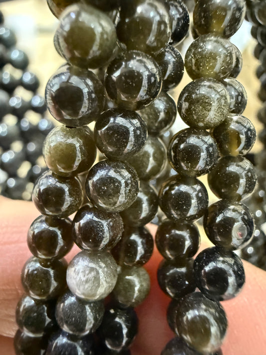 Golden Sheen Obsidian Stretch Bracelet- Round Smooth 7.5 inches